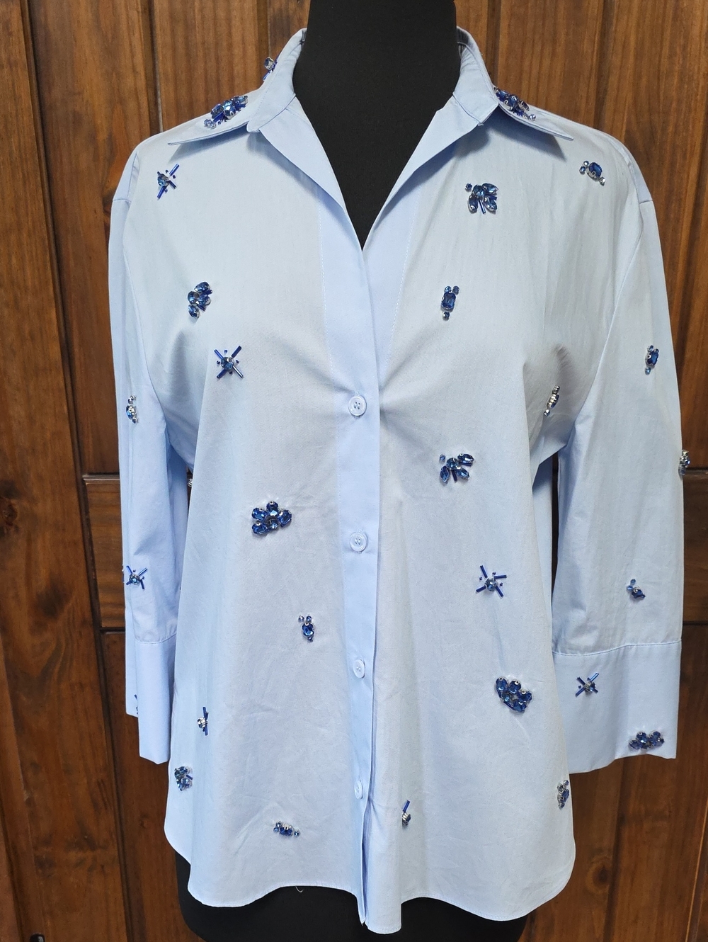 NWT Zara Light Blue Button-Down Shirt with Navy Bead Embellishments - Size M